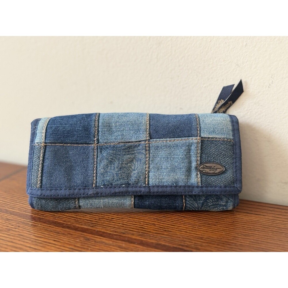 Donna Sharp Denim Patchwork Tri-Fold Wallet Blue Quilted Striped Lining Boho